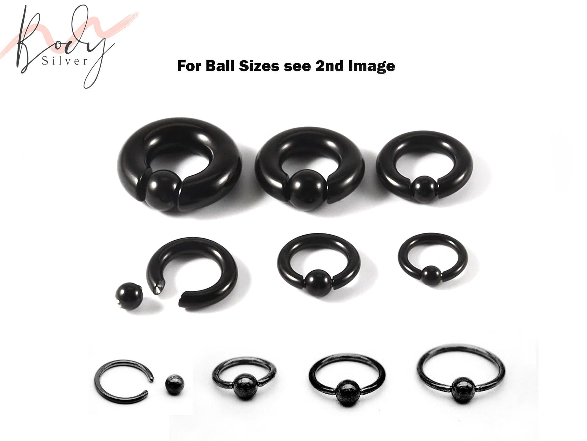 Black Ball Hoop Earrings, BCR/CBR Nose Ring - 18g to 00g Big Gauges with Spring Ball Dainty Nose Ring Hoop, PA Ring - Piercing for Ear, Nose