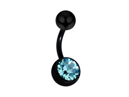 Black Belly Ring, Black Belly bar with Single Gem CZ Crystal - Bent Barbell Body Piercing for Belly Button - Externally Threaded - 16g 14g