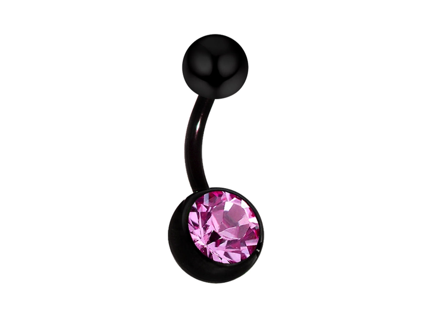 Black Belly Ring, Black Belly bar with Single Gem CZ Crystal - Bent Barbell Body Piercing for Belly Button - Externally Threaded - 16g 14g