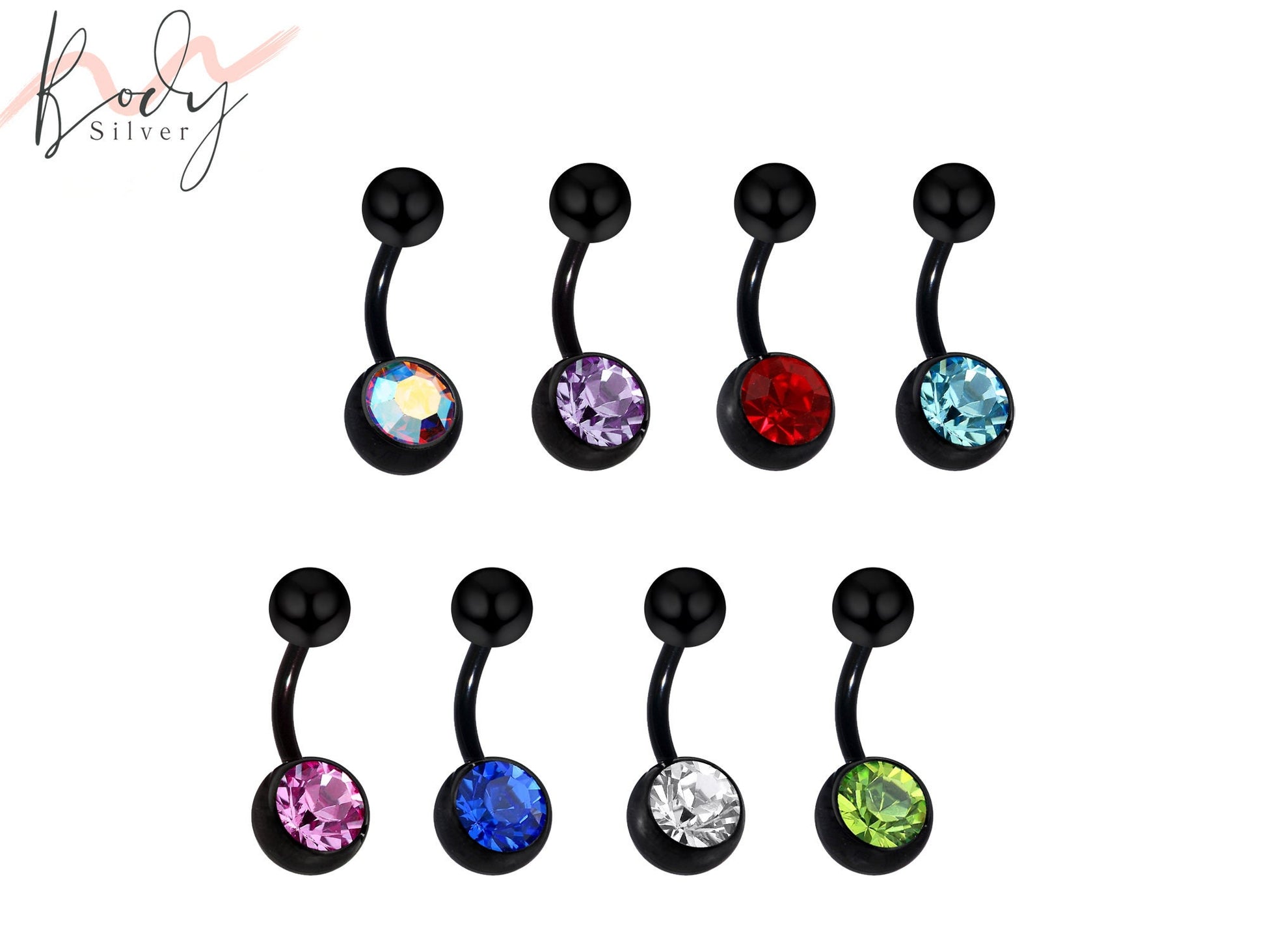 Black Belly Ring, Black Belly bar with Single Gem CZ Crystal - Bent Barbell Body Piercing for Belly Button - Externally Threaded - 16g 14g