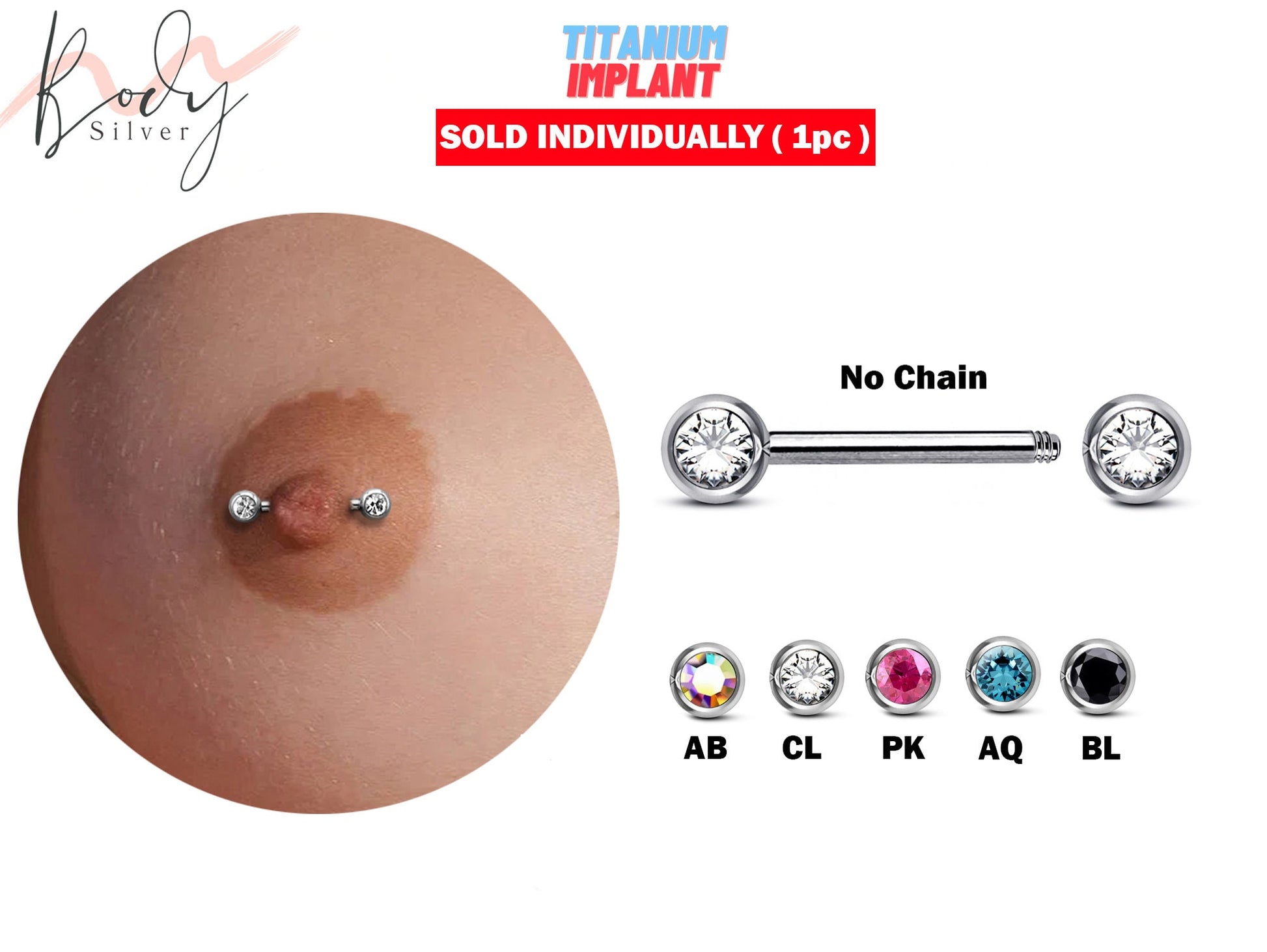 Titanium Nipple Jewelry, Nipple Piercing Chain - 16g 14g Externally Threaded Front Facing Nipple Bar with CZ Crystals - Body Jewellery