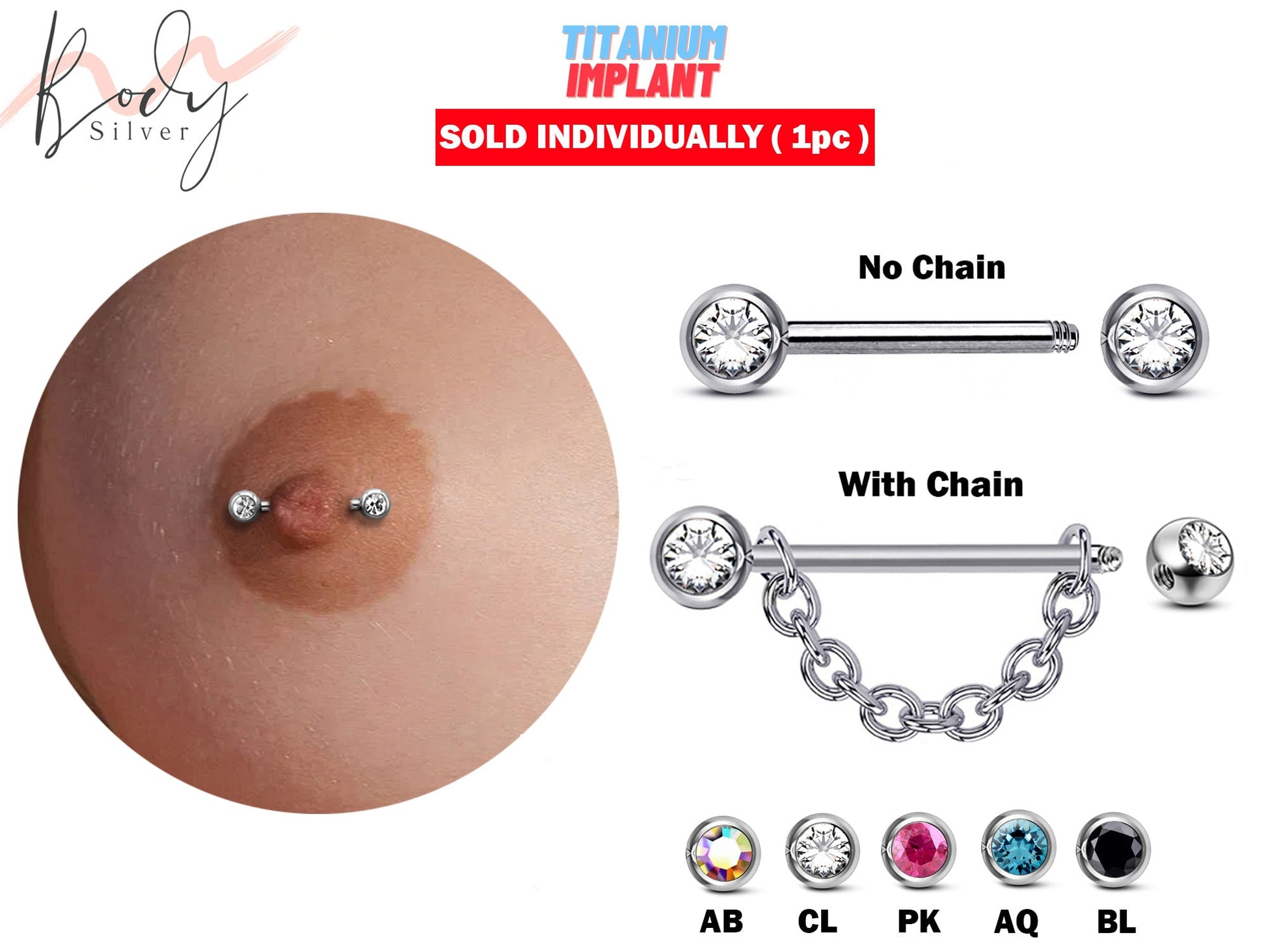 Titanium Nipple Jewelry, Nipple Piercing Chain - 16g 14g Externally Threaded Front Facing Nipple Bar with CZ Crystals - Body Jewellery