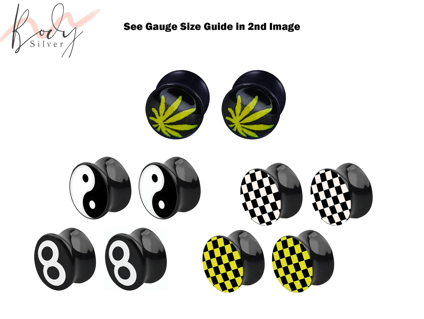 Acrylic Ear Plugs, Stretchers Earrings - 1pc or 2pcs Flesh Tunnel Lobe Earrings, Black Tapers with various Designs