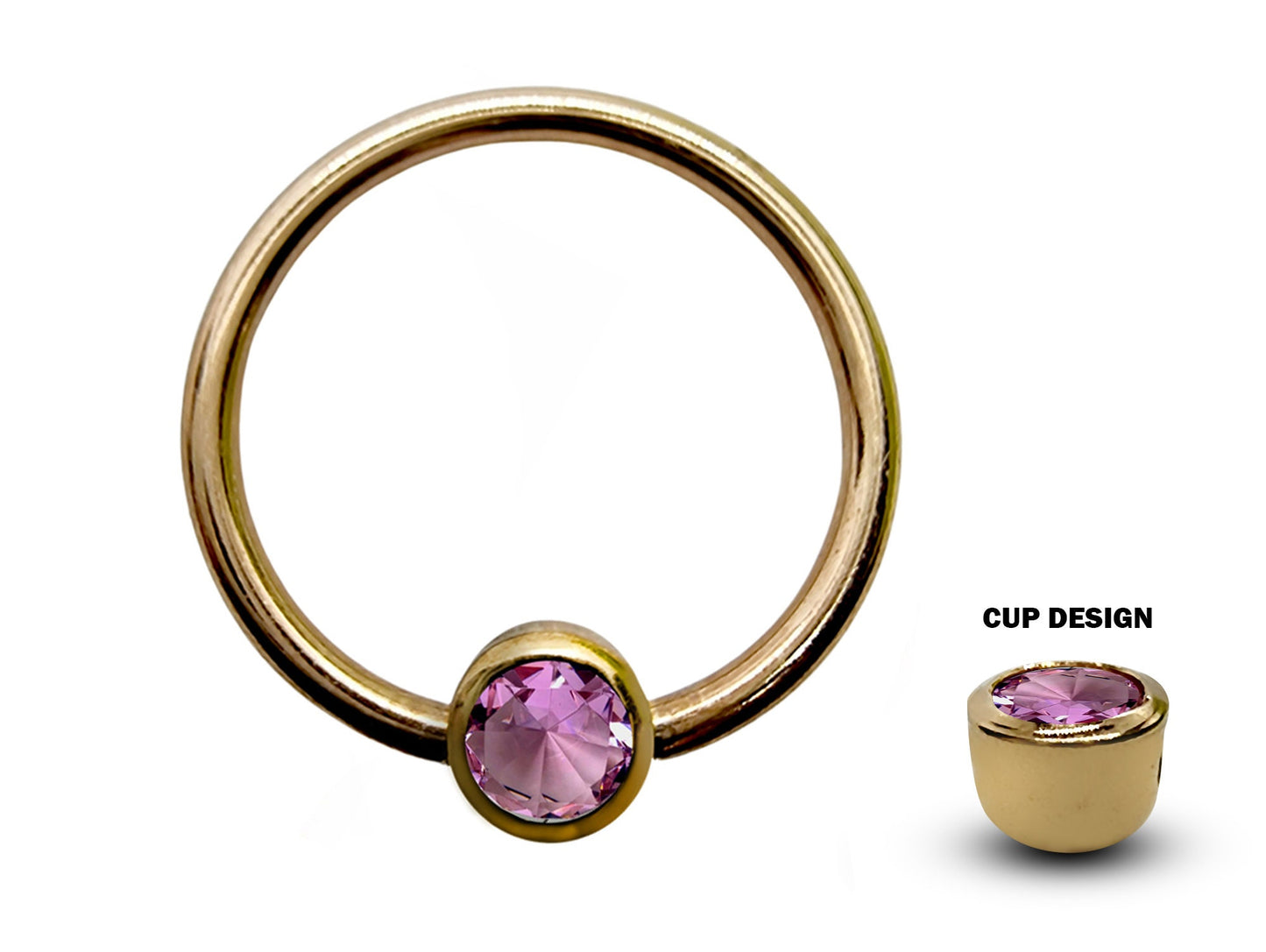 14K Gold Captive Bead Ring Cup Ball Design Closure Ring (BCR) with Precious Stones - 16G 14G for Septum, Eyebrow, Nipple, Lip, Nose and more