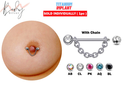 Titanium Nipple Jewelry, Nipple Piercing Chain - 16g 14g Externally Threaded Front Facing Nipple Bar with CZ Crystals - Body Jewellery