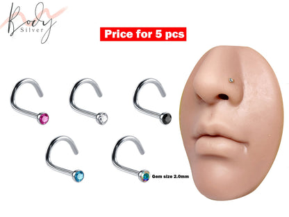 Nostril Jewelry, Nose Piercing - 5pcs - 1 each color Nose Screw Studs, Nasallang, High Nostril Ring with CZ Crystals - 23g 20g 18g