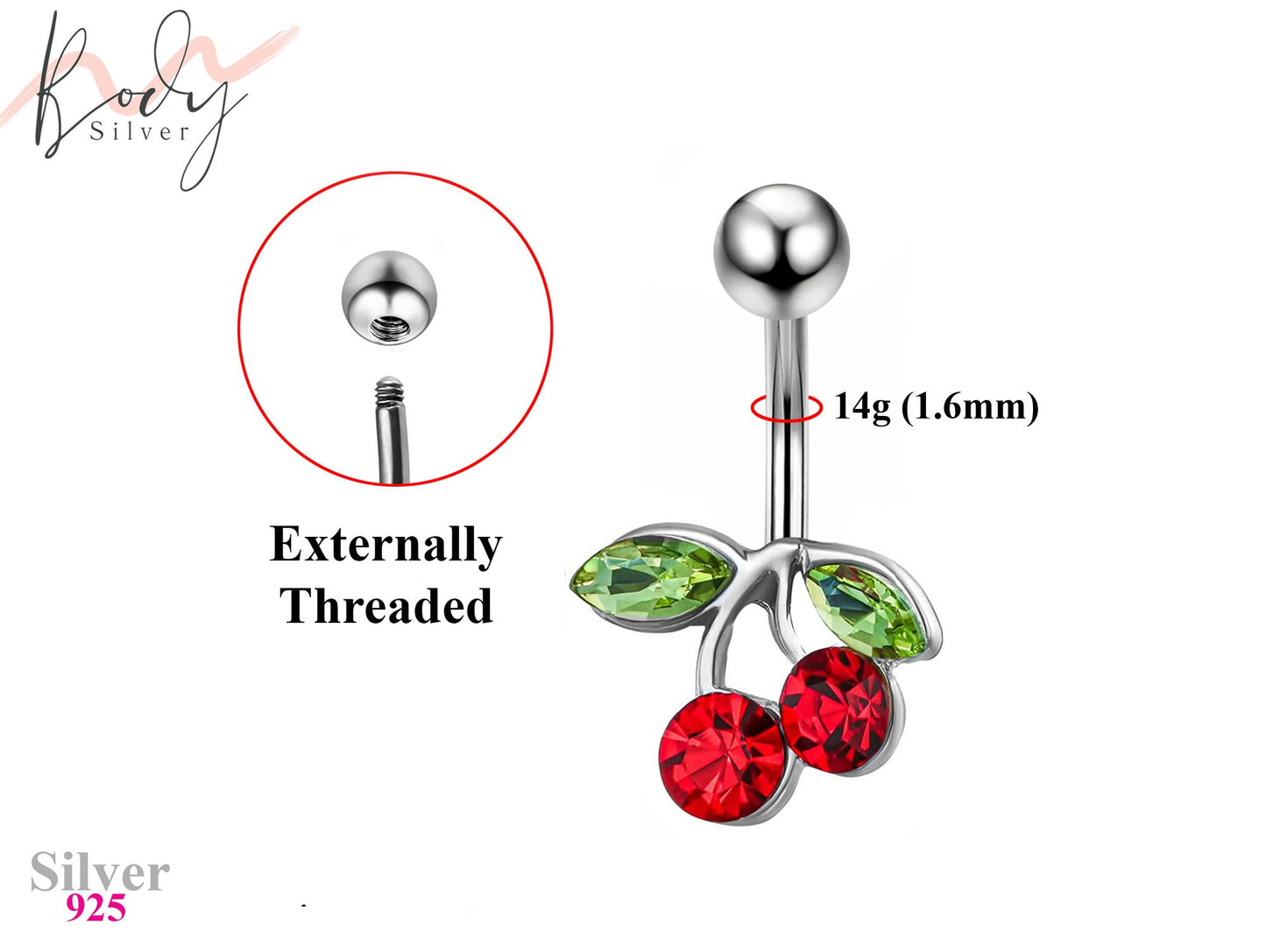 Designer Belly Button Rings- Silver - Cherry Design Prong Set Belly Bars - High Quality Crystals - Navel Ring - 14g (1.6mm) Length is 10mm