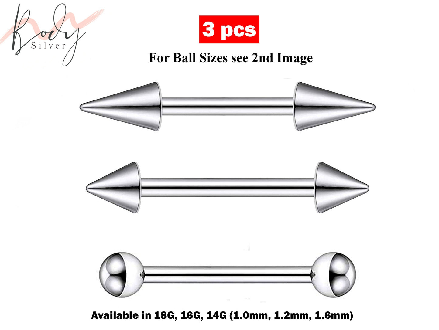 Barbell Stud, Industrial Piercing- 3 Pieces Straight Barbell - Ball / Cone / Spike - Body Piercing for Ear, Tongue piercing, Nipple