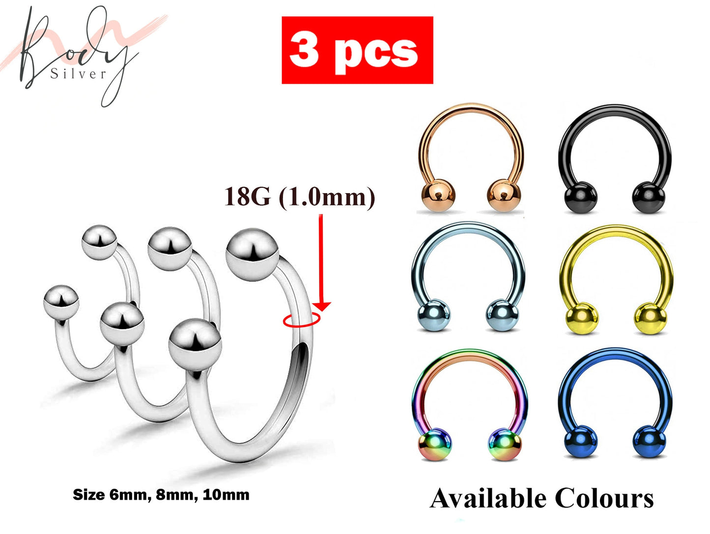 Septum Ring, Horseshoe Barbell- 18g Nose Ring 3pcs Size 6, 8, 10mm - Body Piercing for Cartilage Tragus Helix Eyebrow ,Nipple, Ear