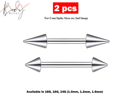 Spike Barbell Piercing, Industrial Piercing - 2 Pieces Surgical Steel Barbell Stud Spike and Cone - Tongue Piercing, Ear, Nipple Piercing