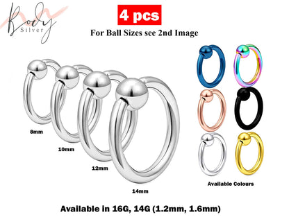 Ball Closure Ring, Septum Ring - 4 Pieces Captive Ring - Size 8, 10, 12, 14mm - Body Piercing for Ear Tragus, Helix Earring Stud