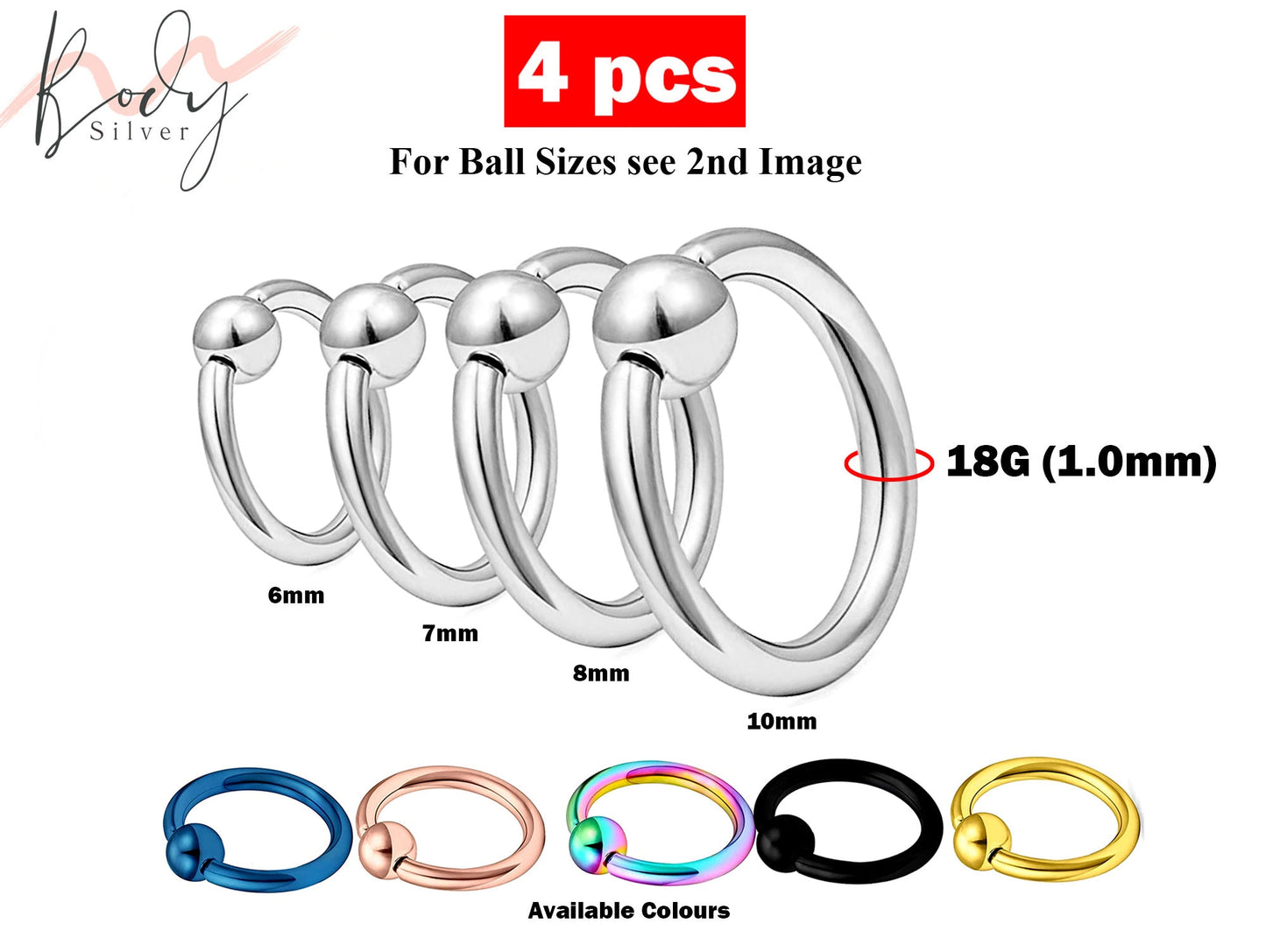 Captive Bead Ring, Septum Ring - 4 Pieces 18G Captive Ring - Size 6, 7, 8, 10mm - Body Piercing for Ear Tragus, Helix Earring Stud