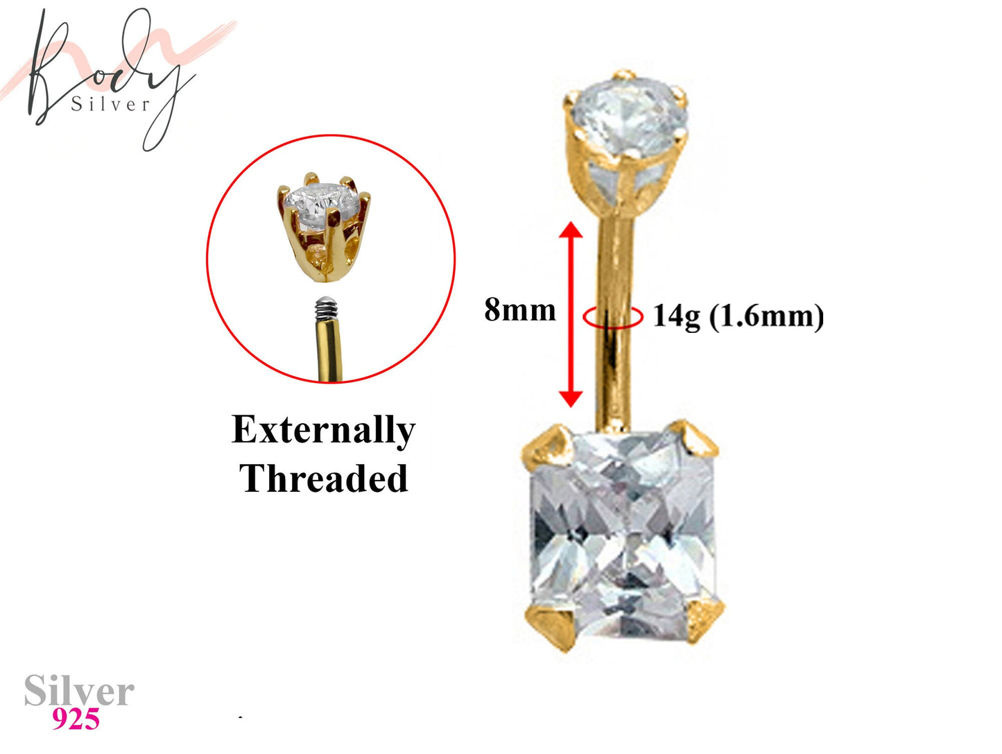 Gold Plated Princess Cut Square Belly Rings with CZ Crystals - Designer Belly Button Rings - Navel Ring - 14g (1.6mm) Length is 8mm