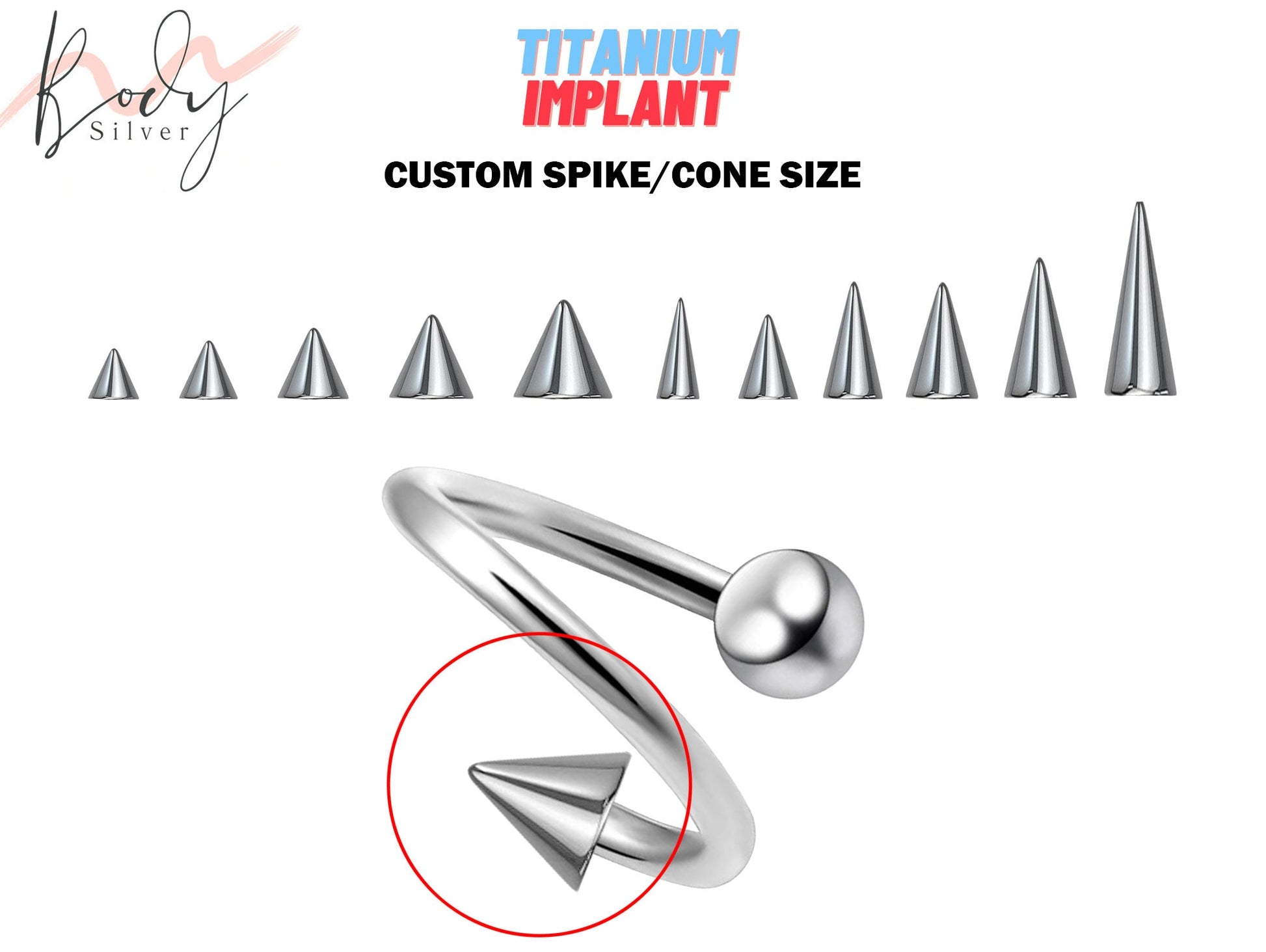 Titanium Spike Twisted Barbell Piercing for Spiral Helix Earring, Lip Ring Spike/Cone with Ball - Choose Spike Size in the Option