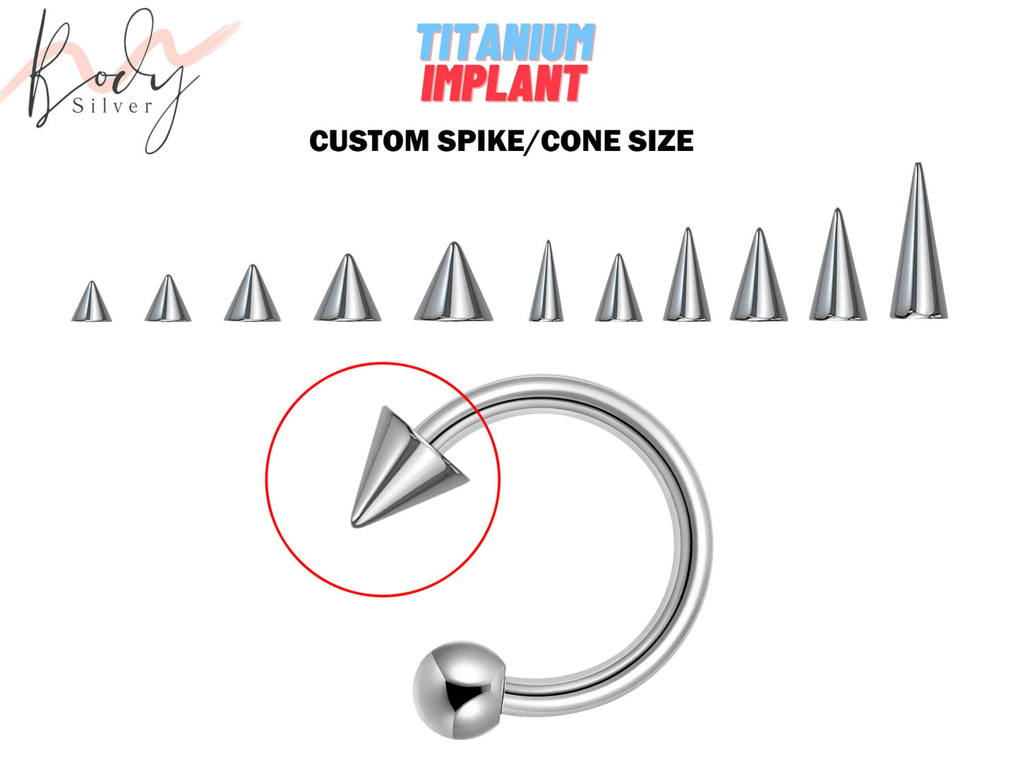 Titanium Spike Horseshoe Barbell Piercing for Nose Septum Ring, Lip Ring, Helix Ring Spike/Cone with Ball - Choose Spike Size in the Option