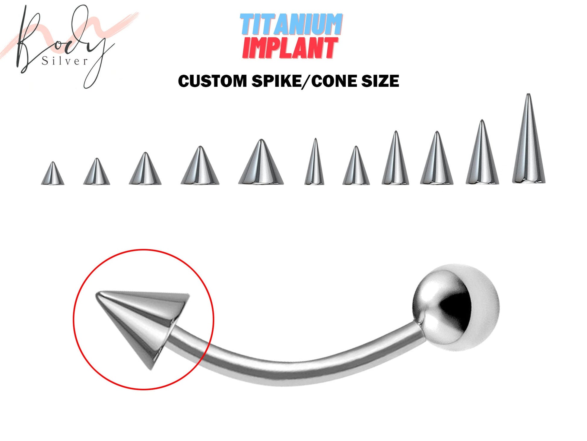 Titanium Spike Curved Barbell Piercing Vertical Labret Jewelry for Lip Piercing Spike/Cone with Ball - Choose Spike Size in the Option