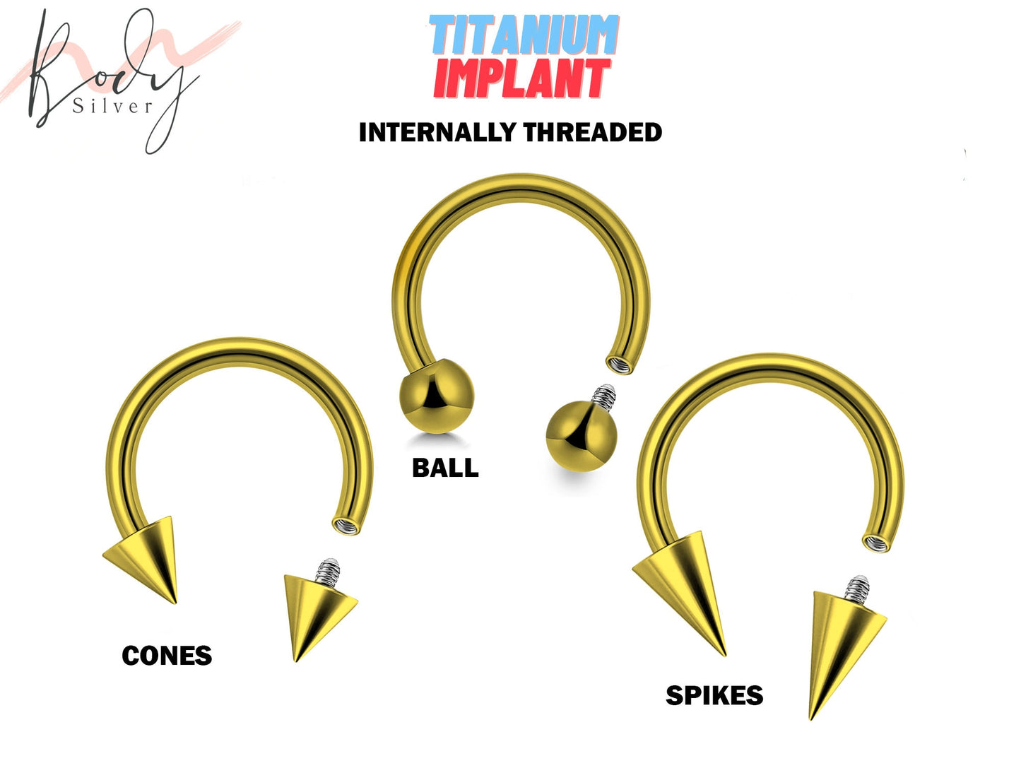 Titanium Internal Threading Ball/Cone/Spike Gold Septum Jewelry, Circular Barbell Septum Ring - 16G to 00G Horseshoe Barbell Lip Jewelry