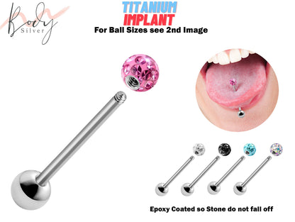 Tongue Piercing, Zungenpiercing - Titanium Tongue Barbell with Epoxy Coated Ball Crystals