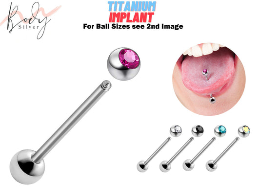 Tongue Piercing, Zungenpiercing - Titanium 16G 14G Tongue Barbell with Gem Ball Crystals