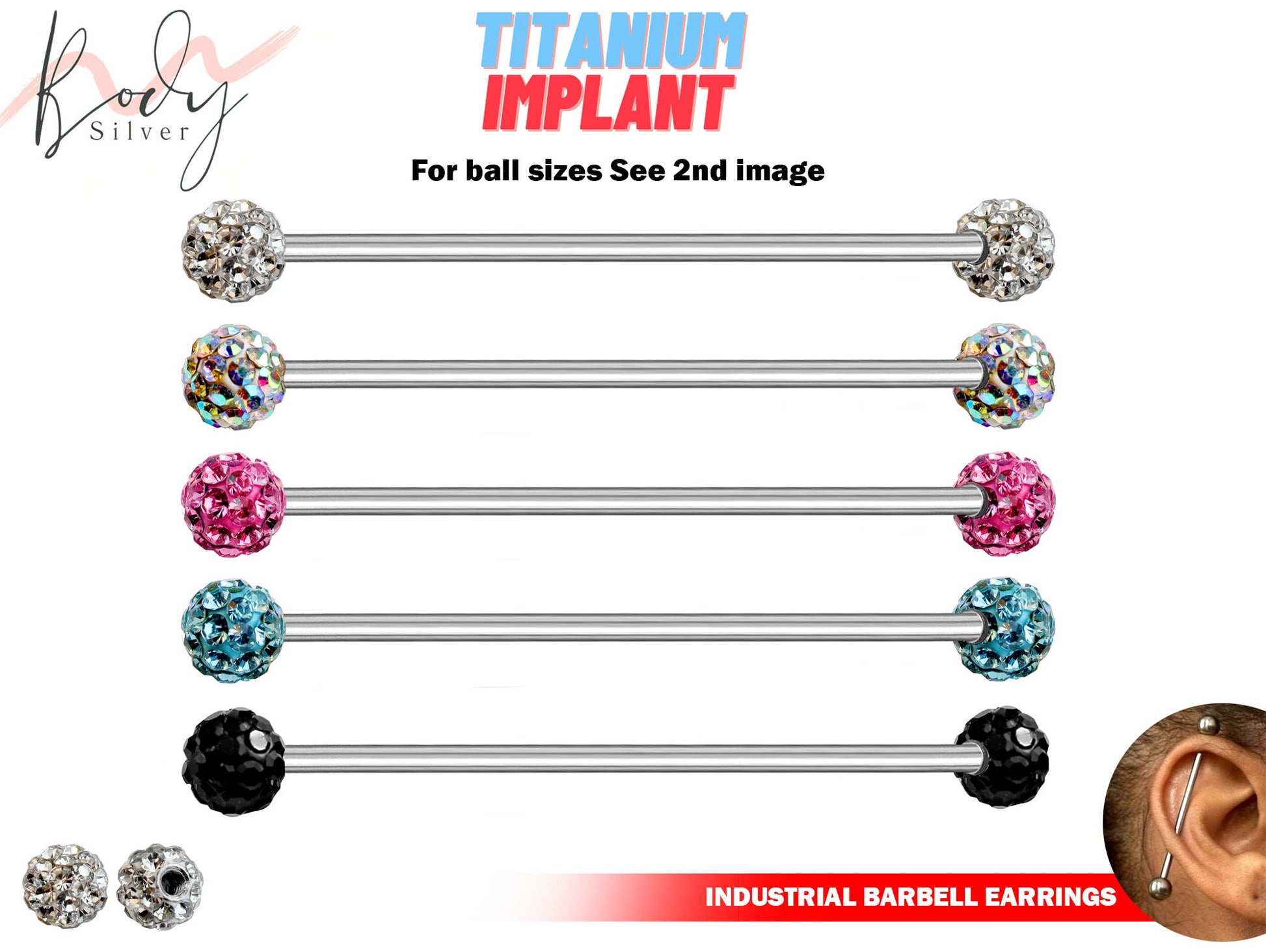 Titanium Industrial Piercing with Disco Ball CZ Crystal - 16g 14g Straight Barbell Externally Threaded for Ear Piercing, Helix, Earrings Bar