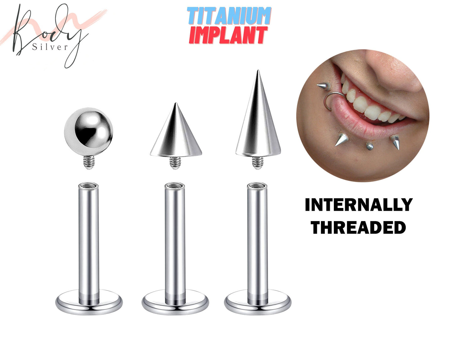 Titanium Spike Labret Stud, Lip Piercing - Internally Threaded Flat Back 16G 14G Lip Labret - Combination Piercing