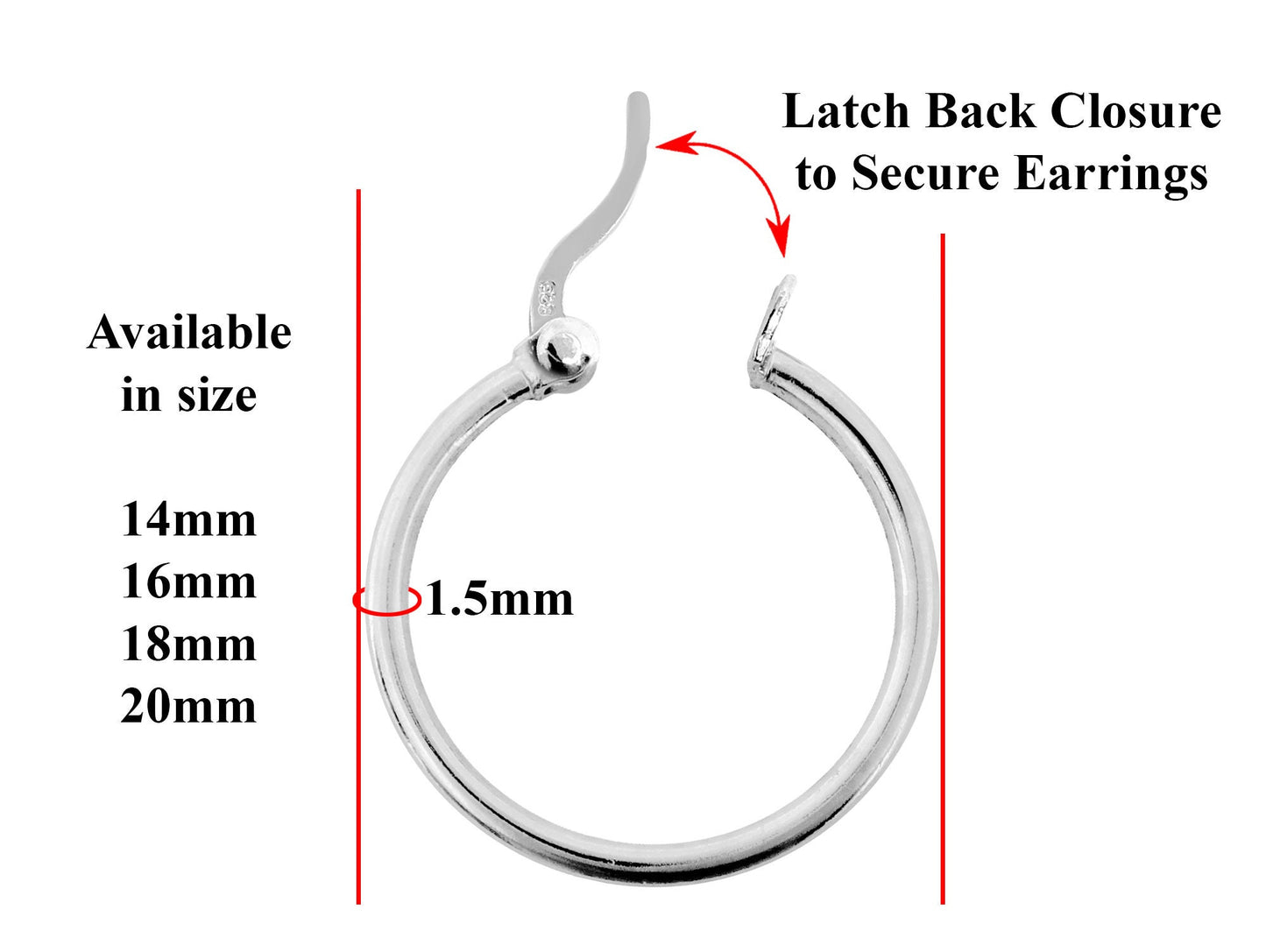 Hoop Earrings Silver large and Medium with Latch Back Closure Available in Silver, Gold and Risegold Tone - 1 Pair