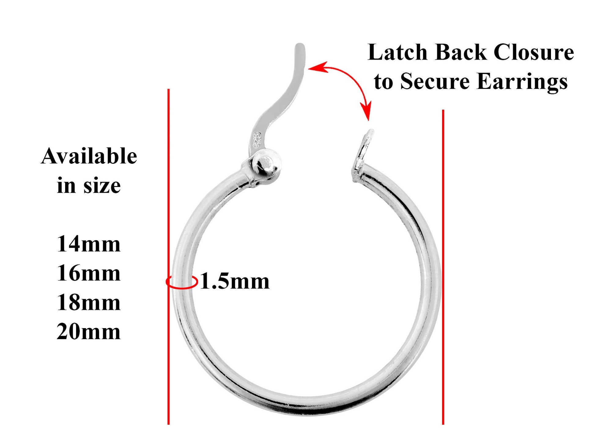 Hoop Earrings Silver large and Medium with Latch Back Closure Available in Silver, Gold and Risegold Tone - 1 Pair