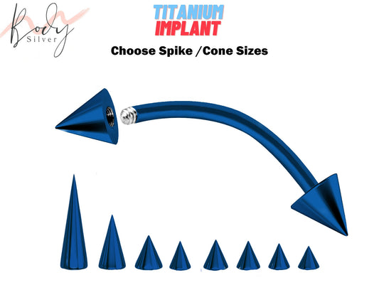 Teal Blue Spike Eyebrow Piercing Jewelry - Titanium Curved Barbell 18G 16G 14G Body Piercing Custom Cone/Spike Size