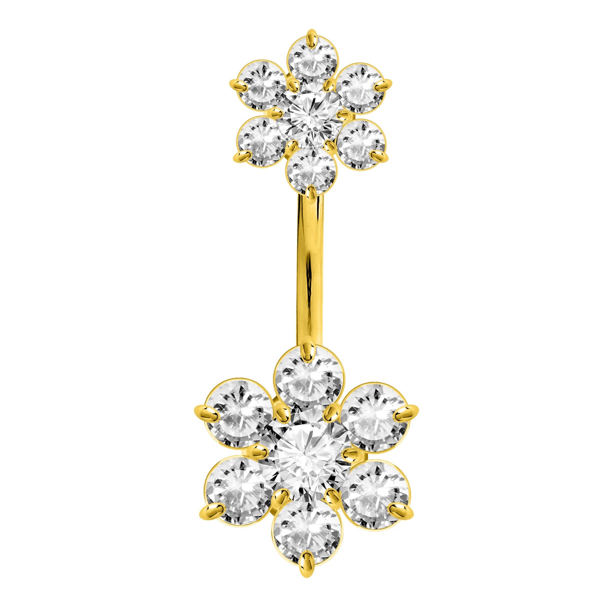 Gold Plated Double Flower Belly Rings with top & bottom CZ Crystals - Designer Belly Button Bars - Navel Ring - 14g (1.6mm) Length is 10mm