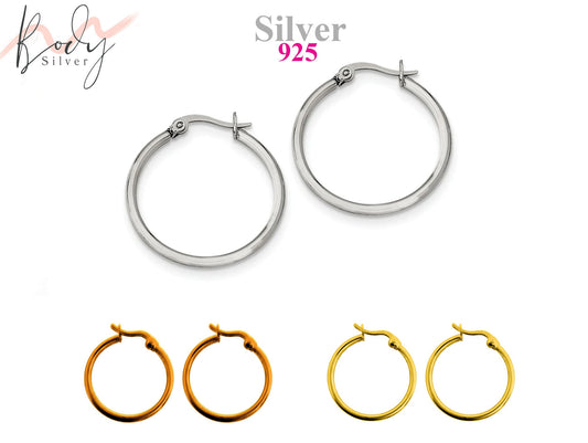 Hoop Earrings Silver large and Medium with Latch Back Closure Available in Silver, Gold and Risegold Tone - 1 Pair