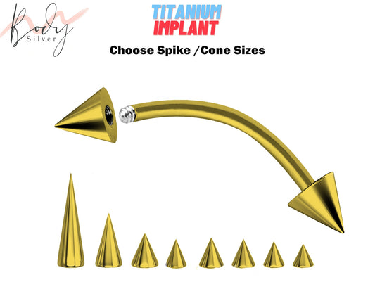 Gold Spike Eyebrow Piercing Jewelry - Titanium Curved Barbell 18G 16G 14G Body Piercing Custom Cone/Spike Size