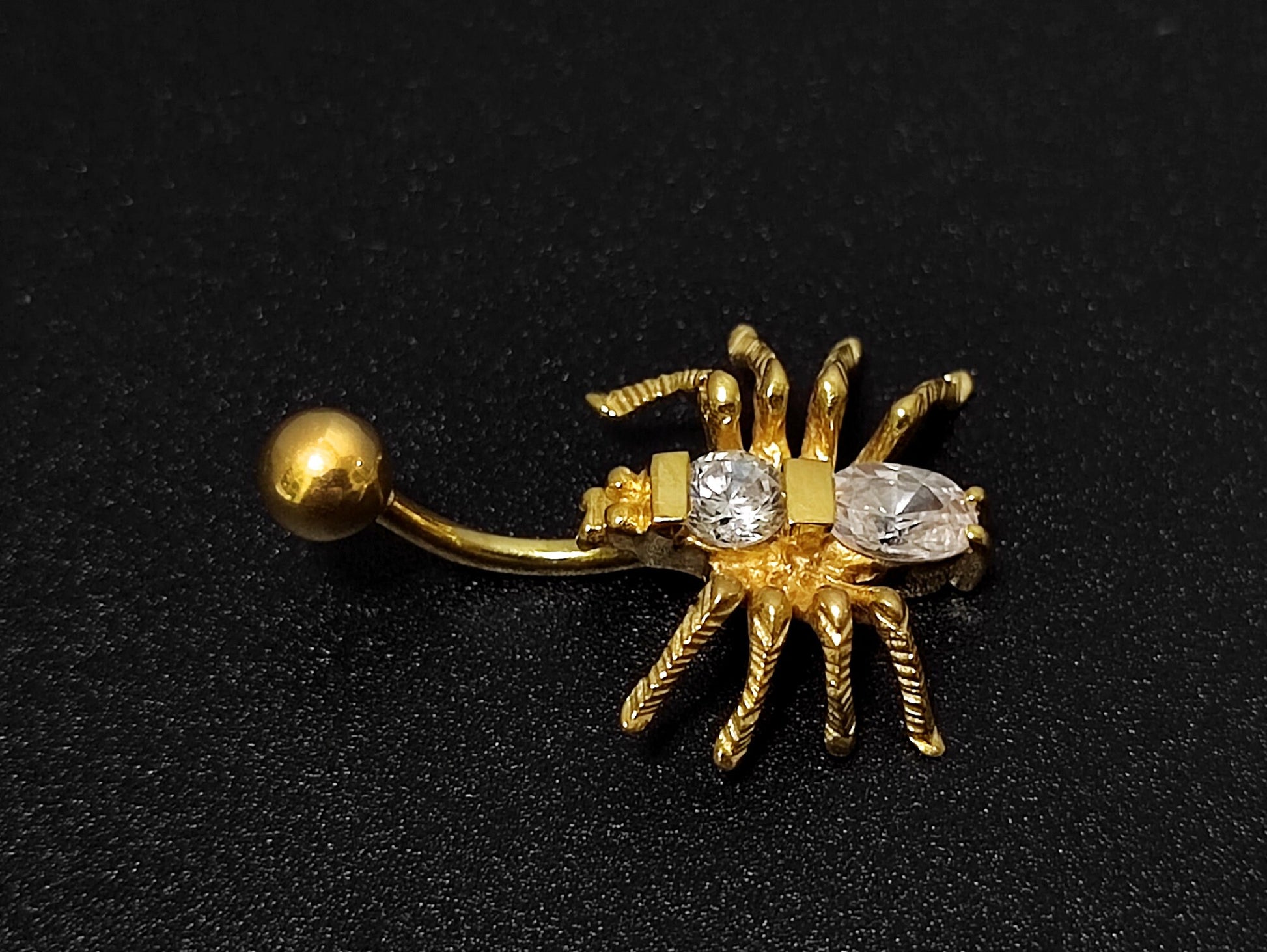 14K Gold Spider Belly Button Ring with Preciously Stone Crystal Hand Set - Finest Quality Gold Body Piercing