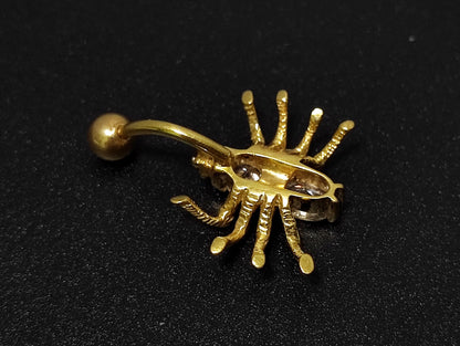 14K Gold Spider Belly Button Ring with Preciously Stone Crystal Hand Set - Finest Quality Gold Body Piercing