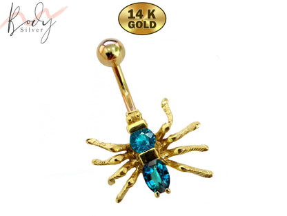 14K Gold Spider Belly Button Ring with Preciously Stone Crystal Hand Set - Finest Quality Gold Body Piercing