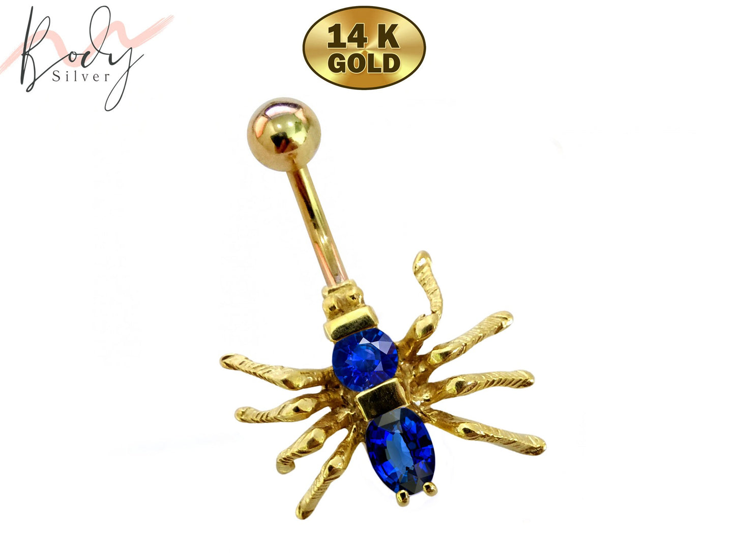 14K Gold Spider Belly Button Ring with Preciously Stone Crystal Hand Set - Finest Quality Gold Body Piercing