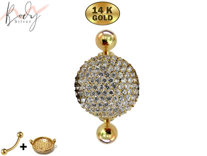 14K Gold Belly Button Ring Round / Oval Filled with Crystal Hand Set - Finest Quality Gold Body Piercing