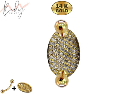 14K Gold Belly Button Ring Round / Oval Filled with Crystal Hand Set - Finest Quality Gold Body Piercing