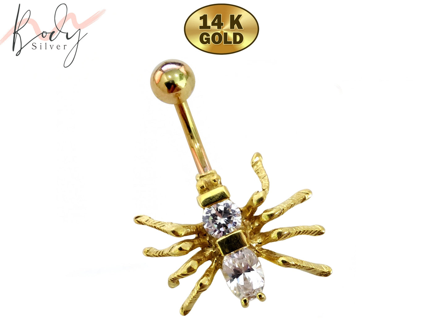 14K Gold Spider Belly Button Ring with Preciously Stone Crystal Hand Set - Finest Quality Gold Body Piercing