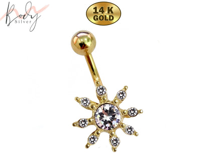 14K Gold Sun Belly Button Ring with Crystal Hand Set - Finest Quality Gold Body Piercing