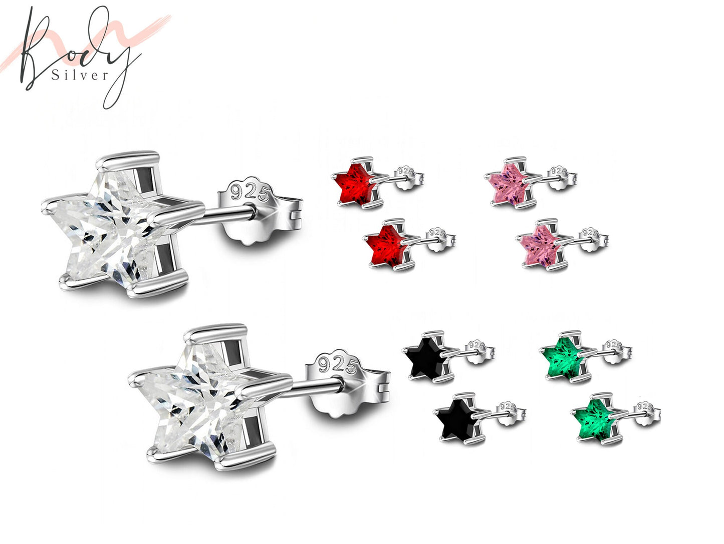 Stud Earrings Star Shape CZ Crystal - 1 Pair Silver Earrings - Sparkly Minimalist Stud - Prong Setting