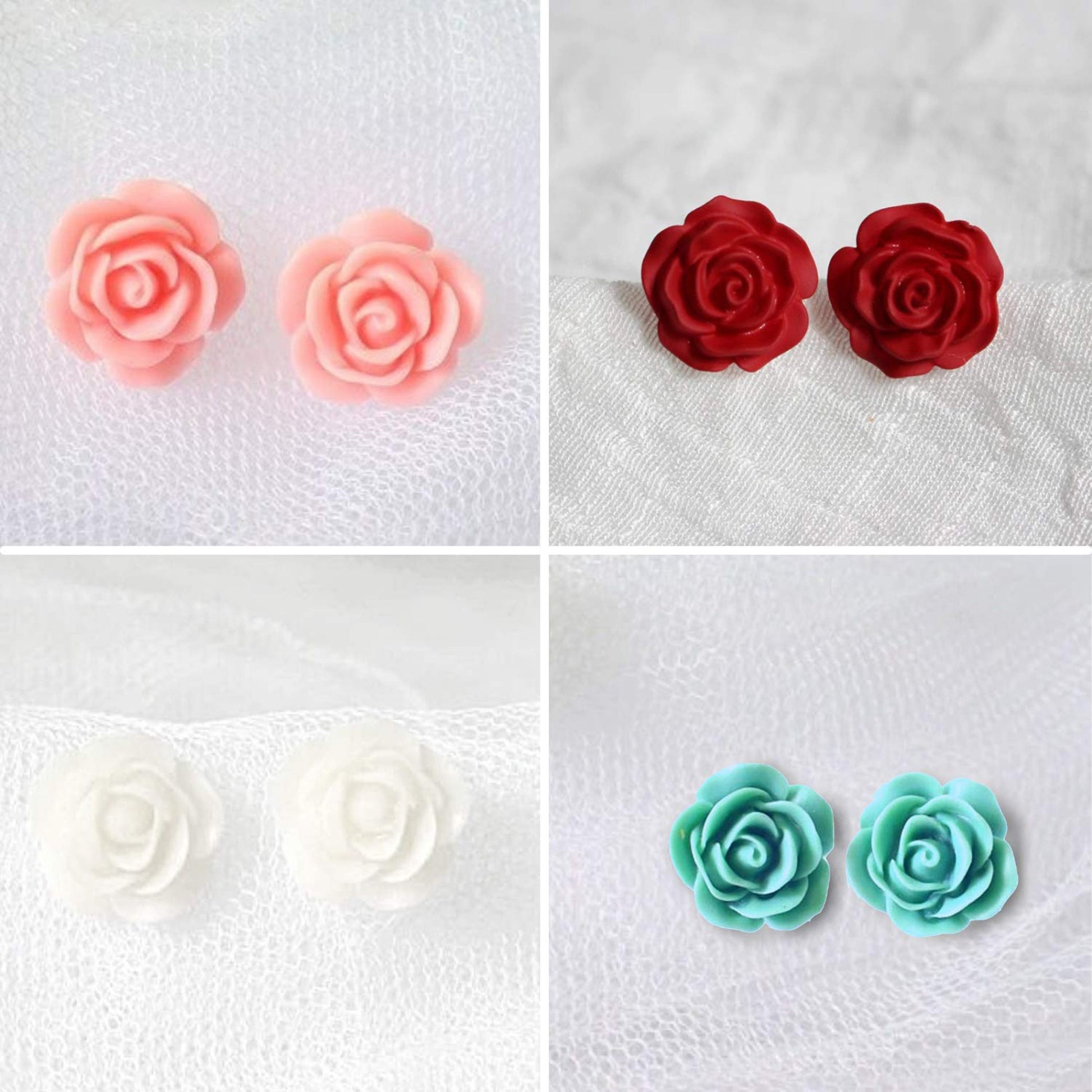 Rose Stud Flower Earrings - 1 Pair Floral Earrings - Resin Flower