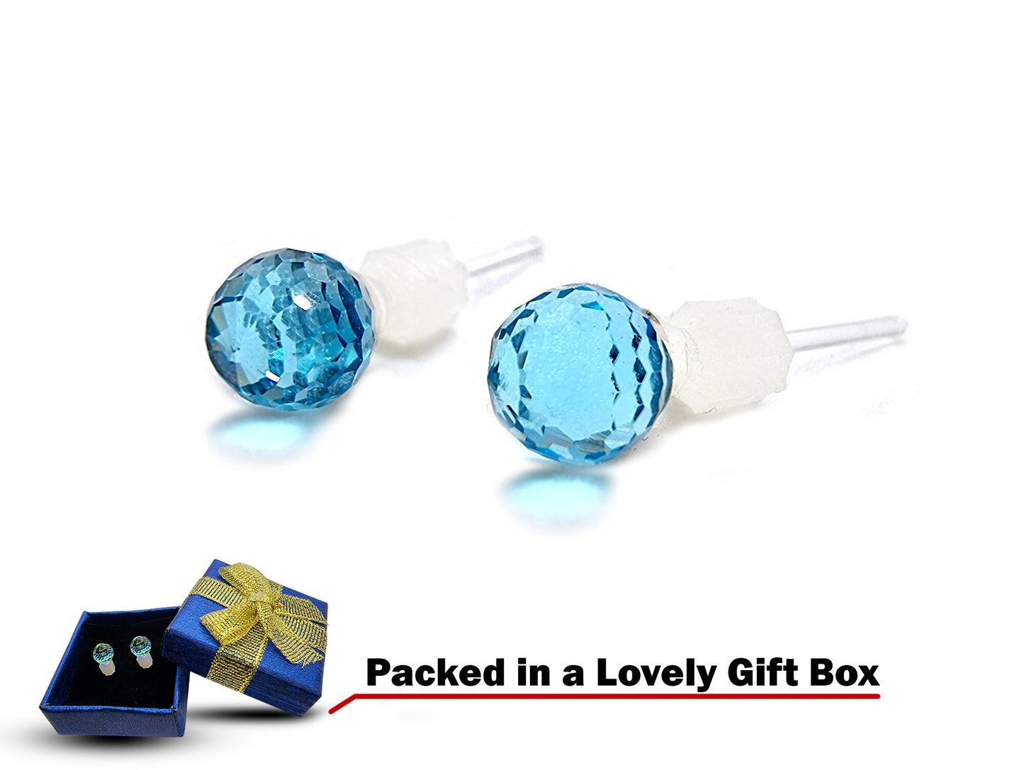 Plastic Post Round Stud Earrings for Sensitive Ears with Round Glass Cut Crystal - 1 Pair of Hypo Allergenic Earrings