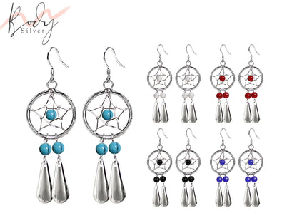 Dreamcatcher Teardrop Earrings in Silver with Natural Stone Beads - Enchanting Dangle Native American Dreamcatcher Charm