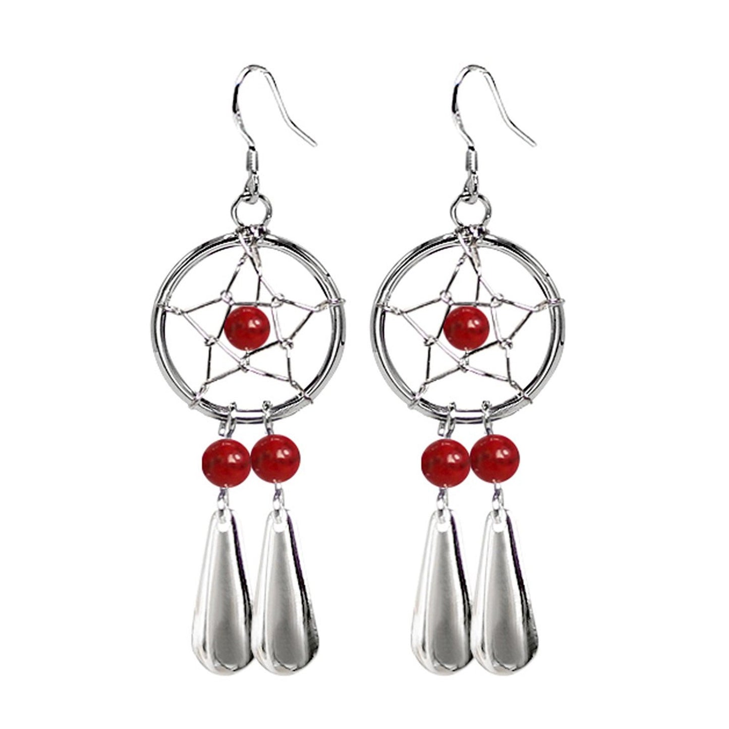 Dreamcatcher Teardrop Earrings in Silver with Natural Stone Beads - Enchanting Dangle Native American Dreamcatcher Charm