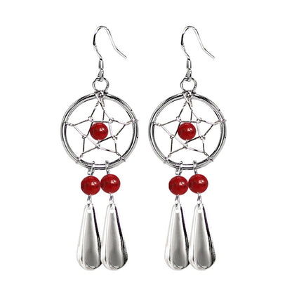 Dreamcatcher Teardrop Earrings in Silver with Natural Stone Beads - Enchanting Dangle Native American Dreamcatcher Charm