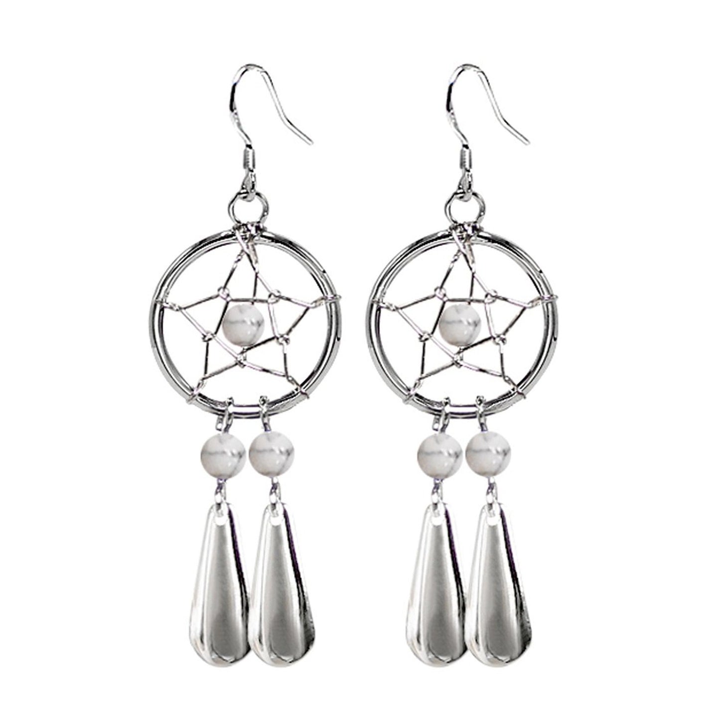 Dreamcatcher Teardrop Earrings in Silver with Natural Stone Beads - Enchanting Dangle Native American Dreamcatcher Charm