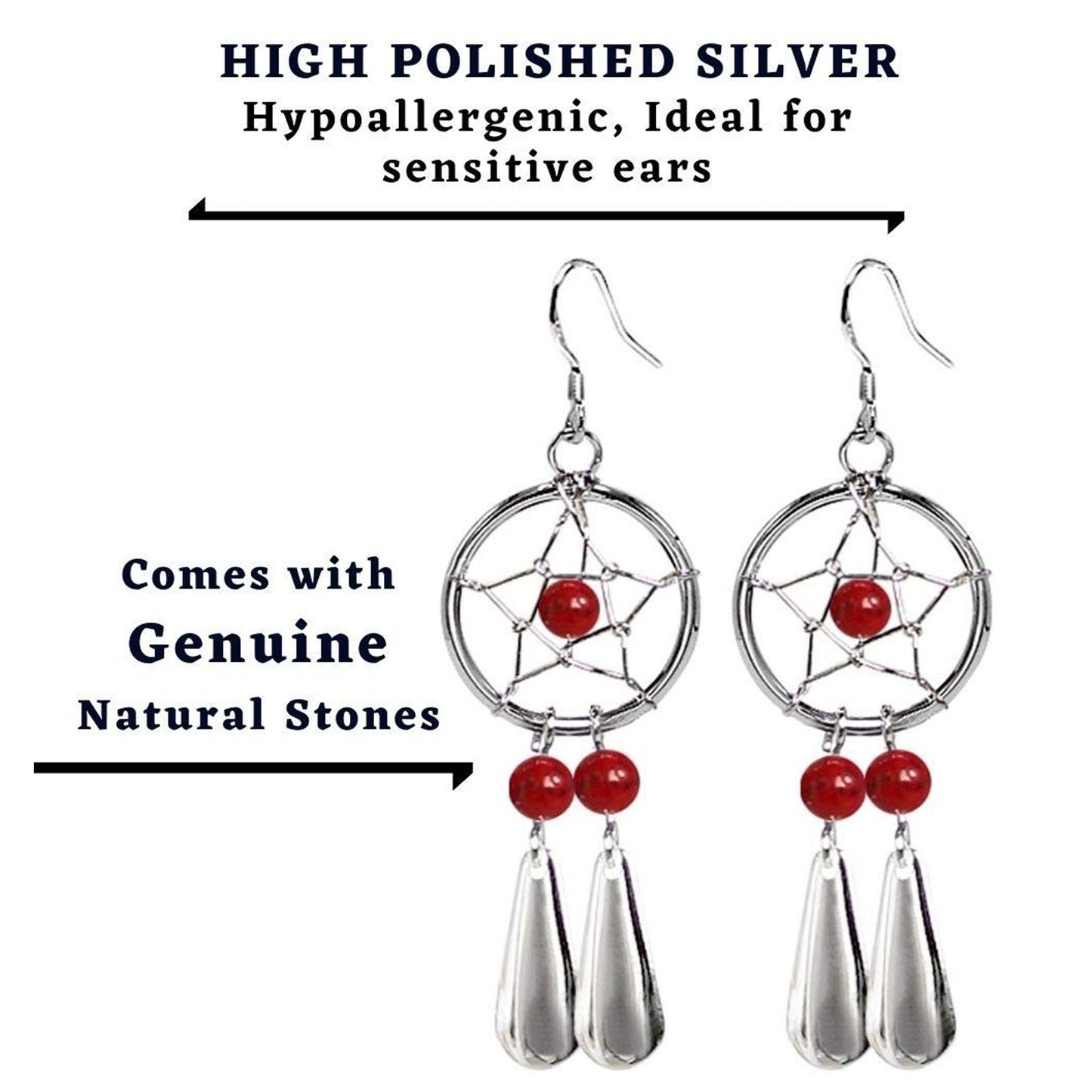 Dreamcatcher Teardrop Earrings in Silver with Natural Stone Beads - Enchanting Dangle Native American Dreamcatcher Charm