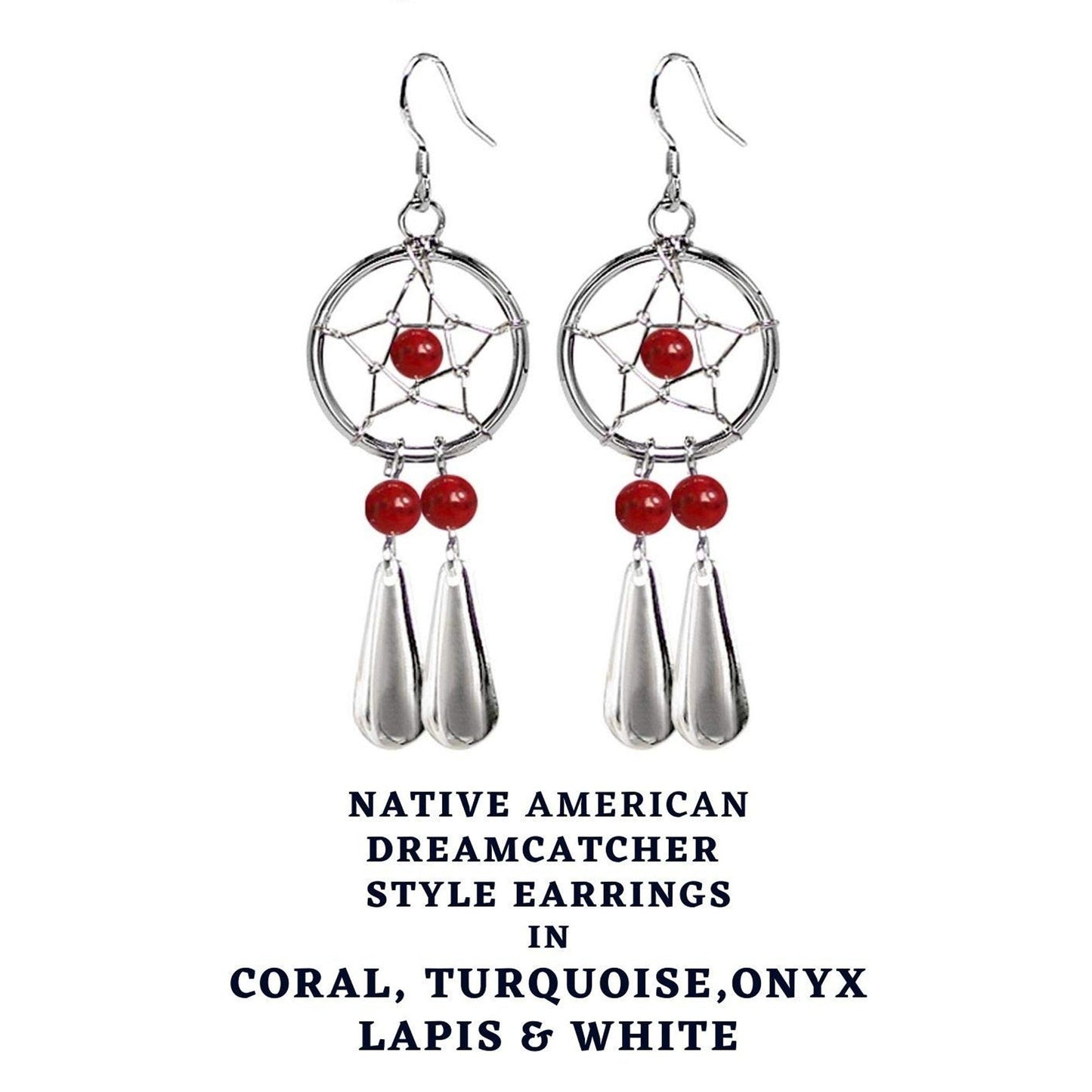 Dreamcatcher Teardrop Earrings in Silver with Natural Stone Beads - Enchanting Dangle Native American Dreamcatcher Charm