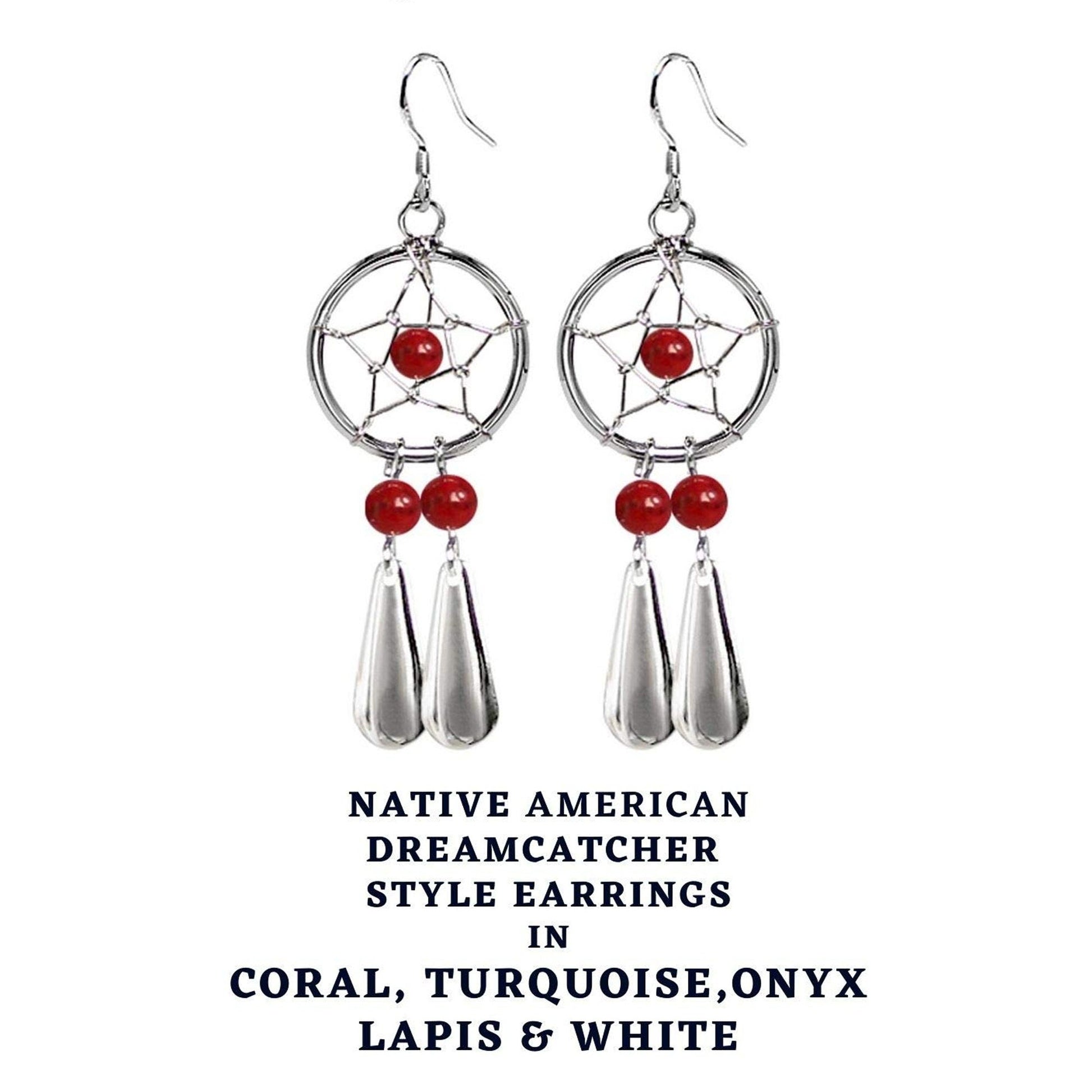 Dreamcatcher Teardrop Earrings in Silver with Natural Stone Beads - Enchanting Dangle Native American Dreamcatcher Charm