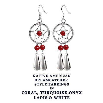 Dreamcatcher Teardrop Earrings in Silver with Natural Stone Beads - Enchanting Dangle Native American Dreamcatcher Charm